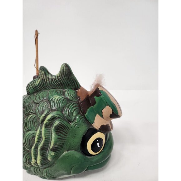 Vintage Large Ceramic Green Fish Statue Camo Hat Fishing Pole Kitschy Whimsical - Picture 2 of 9